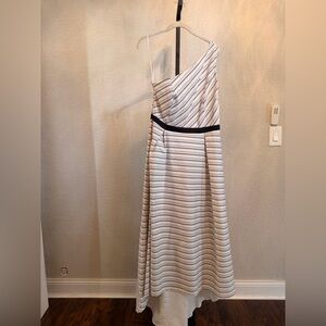 Halston Heritage One-Shoulder Black and White Striped Dress